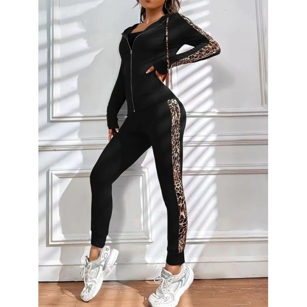 Kadın Uzun Kollu Kapşonlu Fermuarlı Bağcıklı Viskon Iki Iplik Bluz Ve Pantolon Tayt