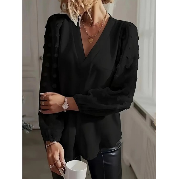 Kadın Uzun Kollu V Yakalı Kolları Popon Detaylı Sandy Bluz