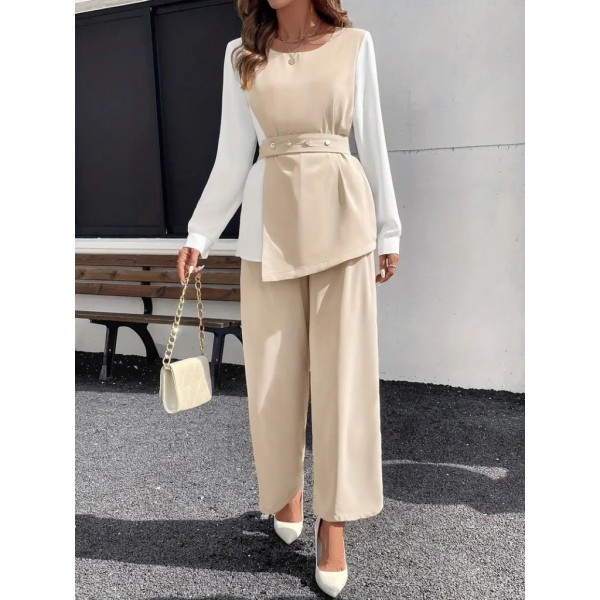 Kadın Uzun Kollu Açık Yakalı çift Renkli Kemerli Ithal Krep Ikili Takım