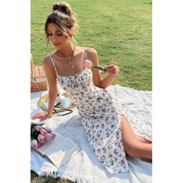 Kadın Ip Askılı Yakadan Bağcıklı Desenli Süprem Elbise