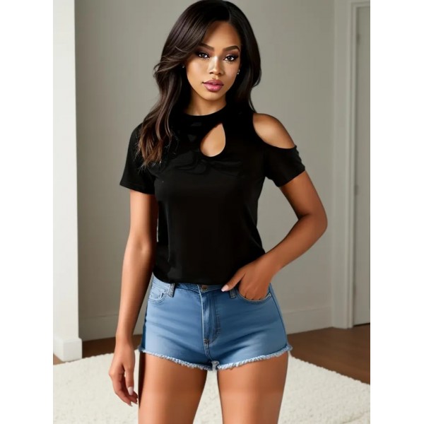 Kadın Kısa Kollu Tek Omuzu Açık Damla Detaylı Viskon Bluz