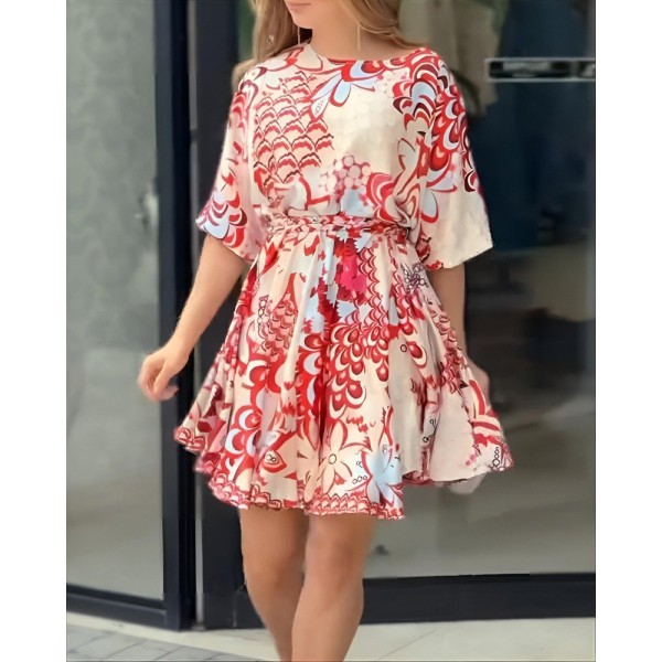 Kadın Kısa Balon Kollu Yuvarlak Yakalı Pileli Desenli Mini Elbise