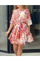 Kadın Kısa Balon Kollu Yuvarlak Yakalı Pileli Desenli Mini Elbise