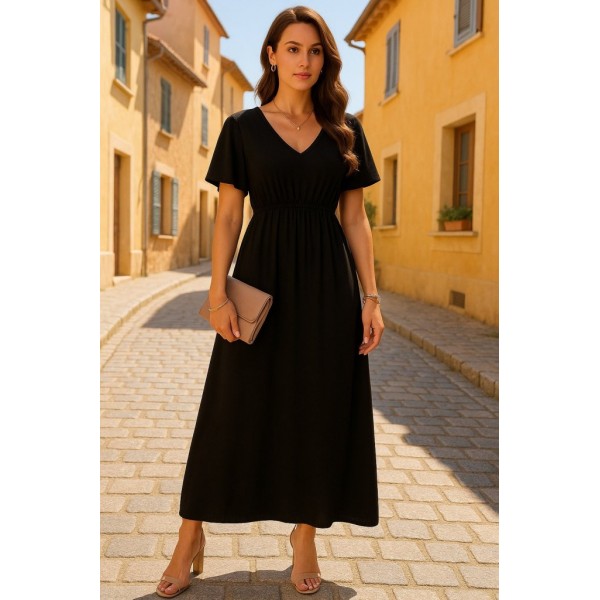 Kadın Kısa Kollu V Yakalı Beli Lastikli Uzun Viskon Elbise