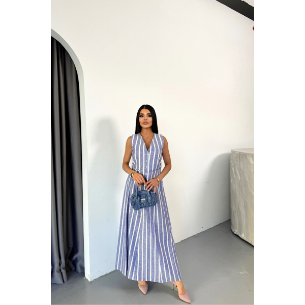 KETEN ÇİZGİLİ YELEK - UZUN ETEK TAKIM - Mavi