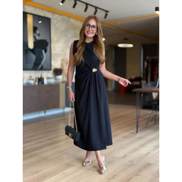 Kadın Sıfır Kollu Bisiklet Yaka Belden Büzgülü Yırtmaç Detaylı Janjan Krep Elbise