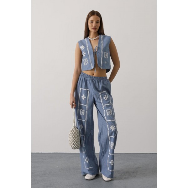 Baskılı Önü Bağlamalı Yelekli Takım - İndigo