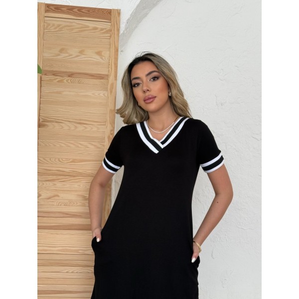 Kadın Kısa Kollu V Yaka Kol Ve Yaka Ribana Detay Midi Boy Viskon Elbise