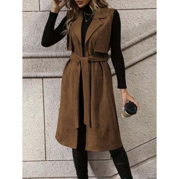 Kadın Kolsuz Yakalı önü Açık Belden Kuşaklı Süet Midi Yelek