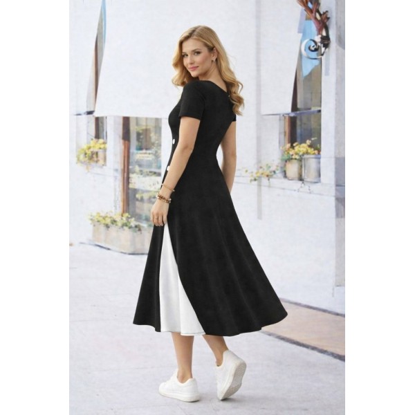 Kadın Kısa Kollu Asimetrik Yakalı Düğme Detaylı Midi Viskon Elbise