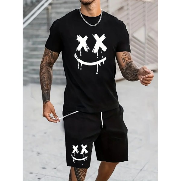 Erkek Kısa Kollu Bisiklet Yaka Baskılı Tişört Ipli Short Iki Iplik Takım