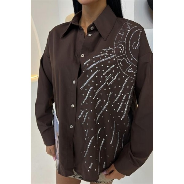 Ay Figürlü Taş İşlemeli Poplin Gömlek 3440