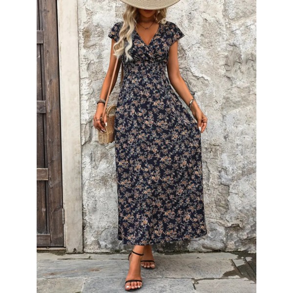 Kadın Kısa Kollu Kruvaze Yakalı çiçek Desenli Belden Lastikli Süprem Uzun Elbise