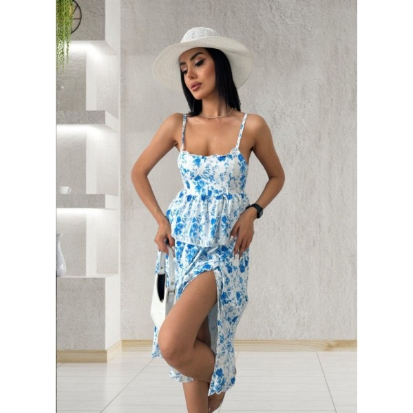 Kadın Sıfır Kol Askılı Dekolteli Yırtmaç Detay çiçek Baskılı Süprem Midi Elbise