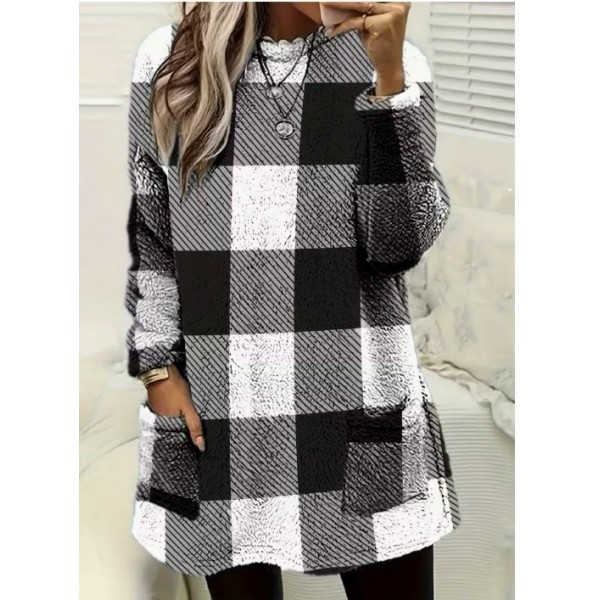 Kadın Uzun Kollu Yarı Balıkçı Yakalı Cep Detaylı Ekoseli Dokuma Tunik