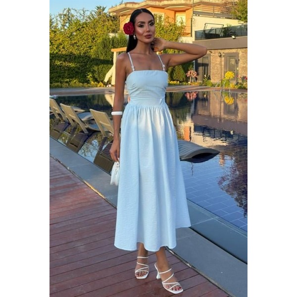 Sırtı Çapraz İpli Boncuk Detaylı Elbise 2902-08