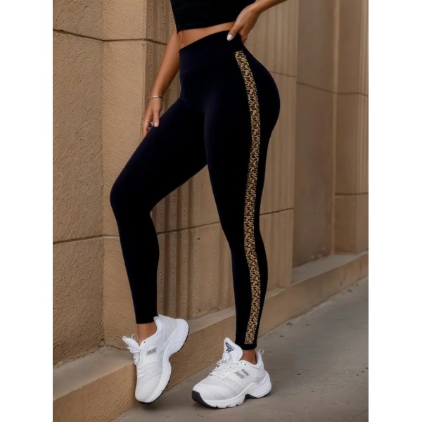 Kadın Yüksek Bel Yandan Leopar Desen Detaylı Dalgıç Tayt