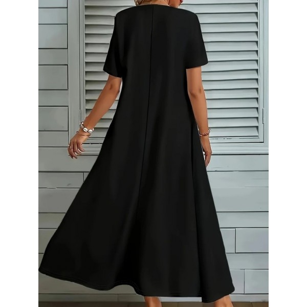 Kadın Kısa Kollu V Yakalı Cep Detaylı Uzun Janjan Krep Elbise