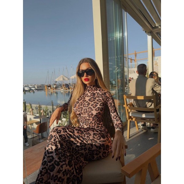 Kadın Leopar Desenli Sırt Dekoltelı Maxı Boy Elbise