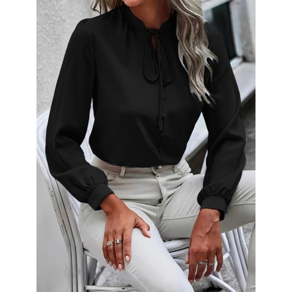 Kadın Uzun Kollu Yakalı Yakadan Bağcıklı Düğmeli Sandy Bluz