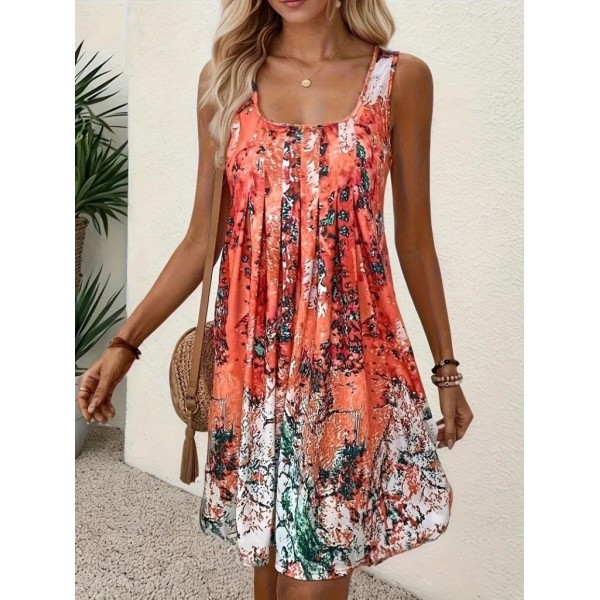 Kadın Sıfır Kollu Kare Yaka önden Pileli Salaş Süprem Elbise