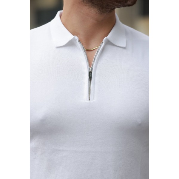 Erkek Fermuar Yakalı Kolları Desenli Kısa Kollu Tişört