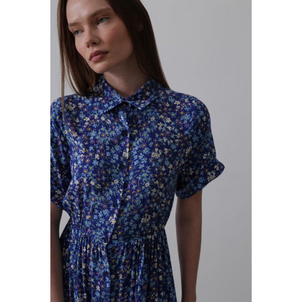 Baskılı Keten Elbise - Lacivert-Beyaz