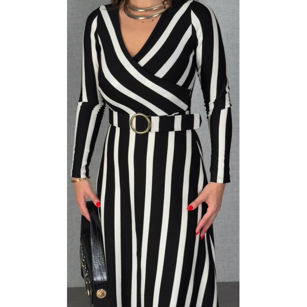 Kadın Uzun Kollu Kruvaze Yaka Kemer Dahil çizgili Triko Elbise