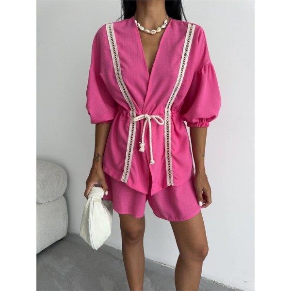 KETEN BEL BÜZGÜLÜ BLUZ-PANTOLON TAKIM - Fuşya