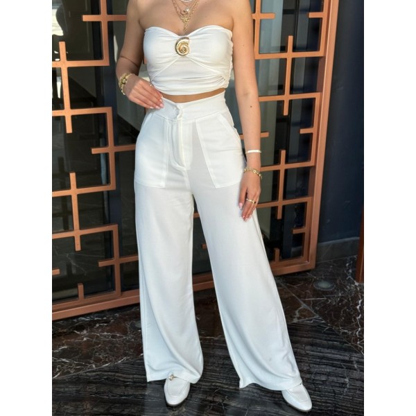 Kadın Yüksek Bel Geniş Paça Detaylı Cepli Ithal Krep Pantolon