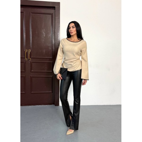 Kadın Belde Bağcık Detaylı Keten Bluz