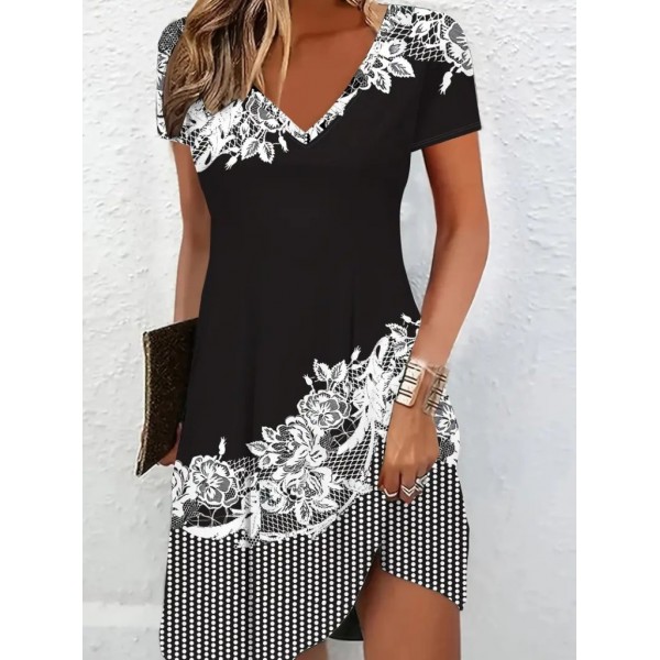 Kadın Kısa Kollu V Yakalı çiçek Baskılı Süprem Elbise