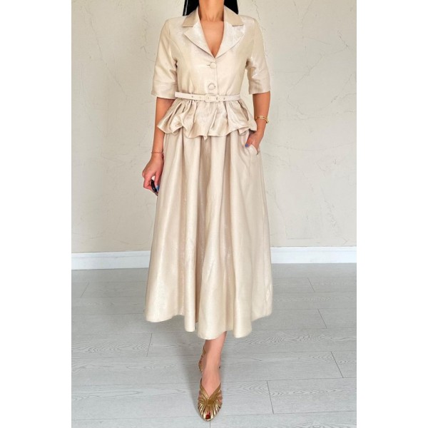 Bej İnce Kemerli Fırfırlı Ceket Ve Büzgülü Etek Takım