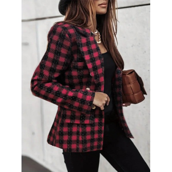 Kadın Uzun Kollu Yakalı Kare Desenli Ekoseli Düğmeli Ceket