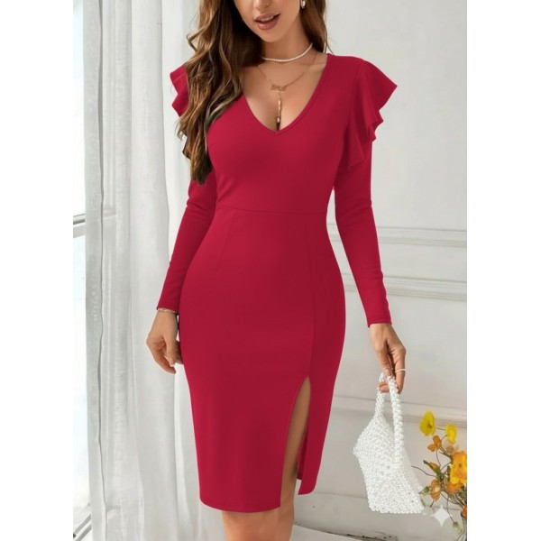 Kadın Uzun Kollu V Yakalı Yandan Yırtmaçlı Midi Ithal Krep Elbise
