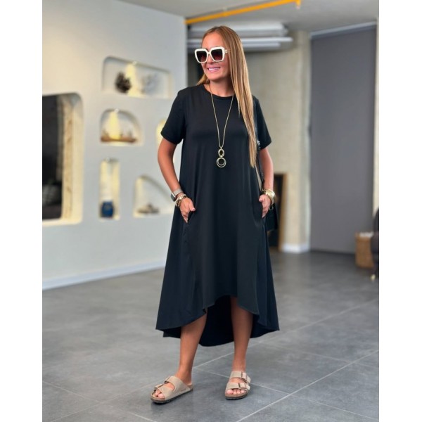 Kadın Kısa Kollu Bisiklet Yaka Asimetrik Kesim ön Viskon Arkası Trikoton Elbise