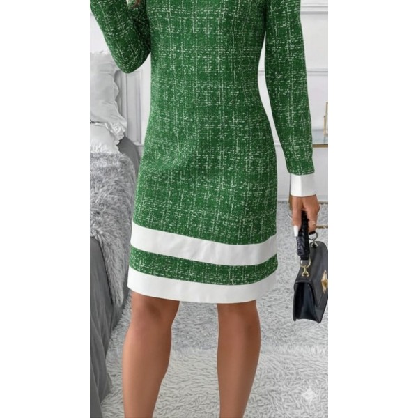 Kadın Uzun Kollu Yuvarlak Yaka Etek Ucu şerit Detaylı Mini Dokuma Elbise