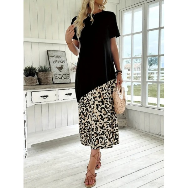 Kadın Kısa Kollu Bisiklet Yaka Leopar Detaylı Midi üst Viskon Alt Süprem Elbise