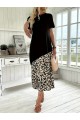 Kadın Kısa Kollu Bisiklet Yaka Leopar Detaylı Midi üst Viskon Alt Süprem Elbise
