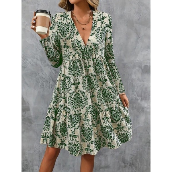 Kadın Uzun Kollu V Yakalı Fırfırlı Mini Süprem Elbise