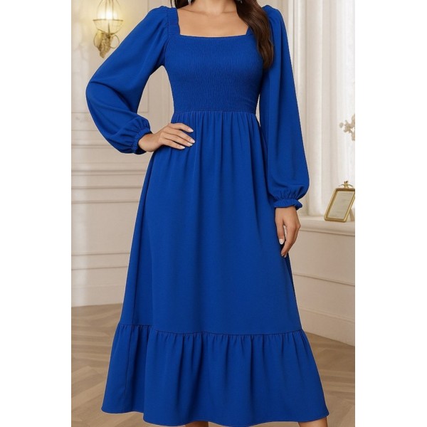 Kadın Uzun Kollu Kare Yakalı Gipeli Uzun Trikoton Elbise