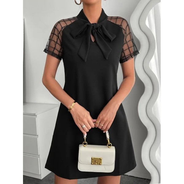 Kadın Kısa Kollu Boyundan Bağlamalı Omuzlarda Tül Detaylı Janjan Krep Elbise