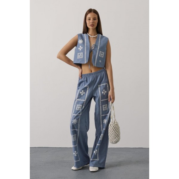 Baskılı Önü Bağlamalı Yelekli Takım - İndigo