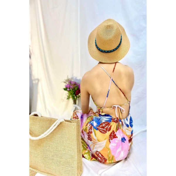 Mavi Sırt Dekolteli Keten Elbise