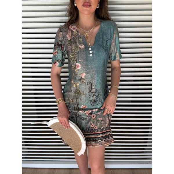 Kadın Kısa Kollu V Yakalı çiçek Baskılı Midi Süprem Elbise