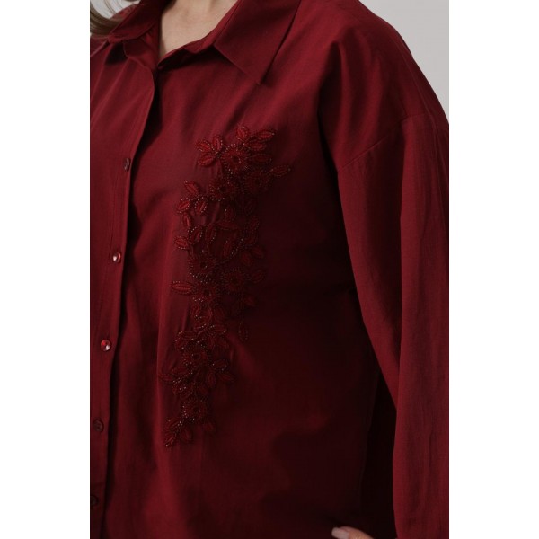Boncuk Nakış Detaylı Uzun Gömlek - Bordo