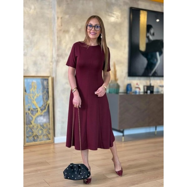 Kadın Kısa Kollu Bisiklet Yaka Midi Viskon Iki Iplik Elbise