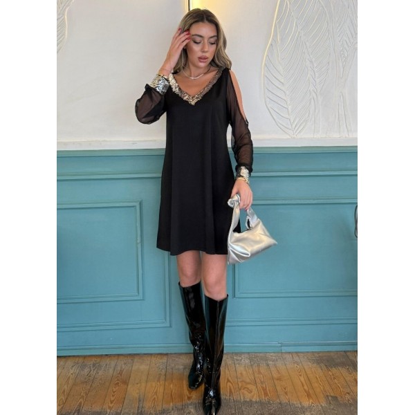 Kadın Uzun Kollu V Yaka Kollar Tül Yırtmaç Detay Kol Manşetleri Ve Yaka Payet Krep Elbise