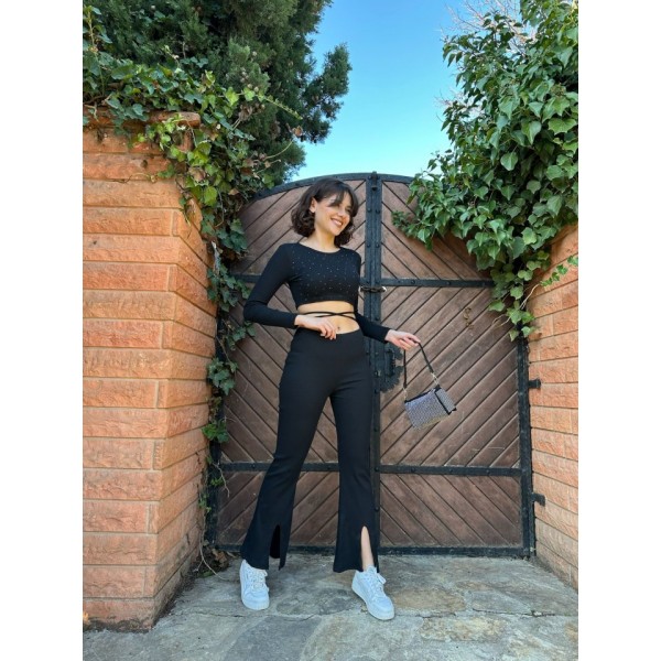 Kadın Paçası Yırtmaç Detaylı Taşlı Bel Bağlamalı Kaşkorse İkili Takım