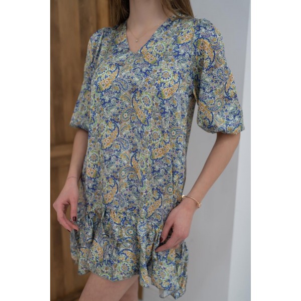 Yeşil Desenli Saten Elbise